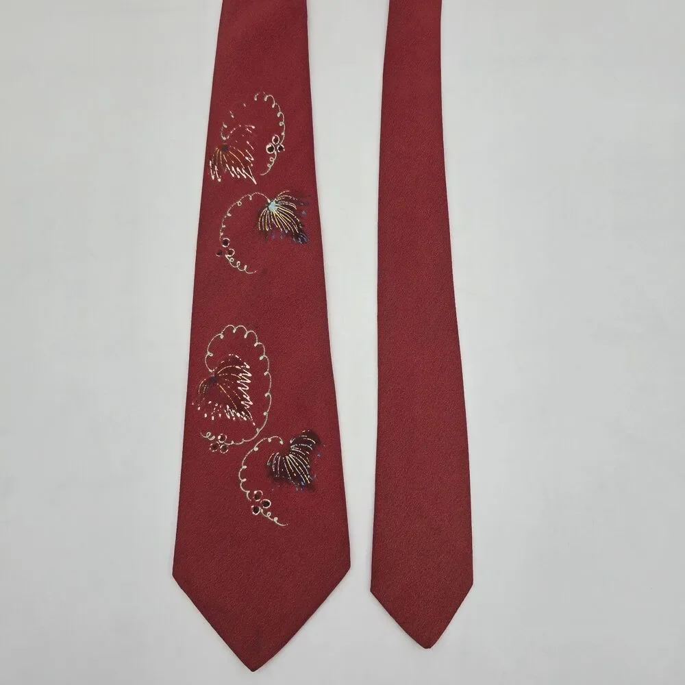 Vintage Stylized Handpainted Floral Necktie Red Orange Rockabilly